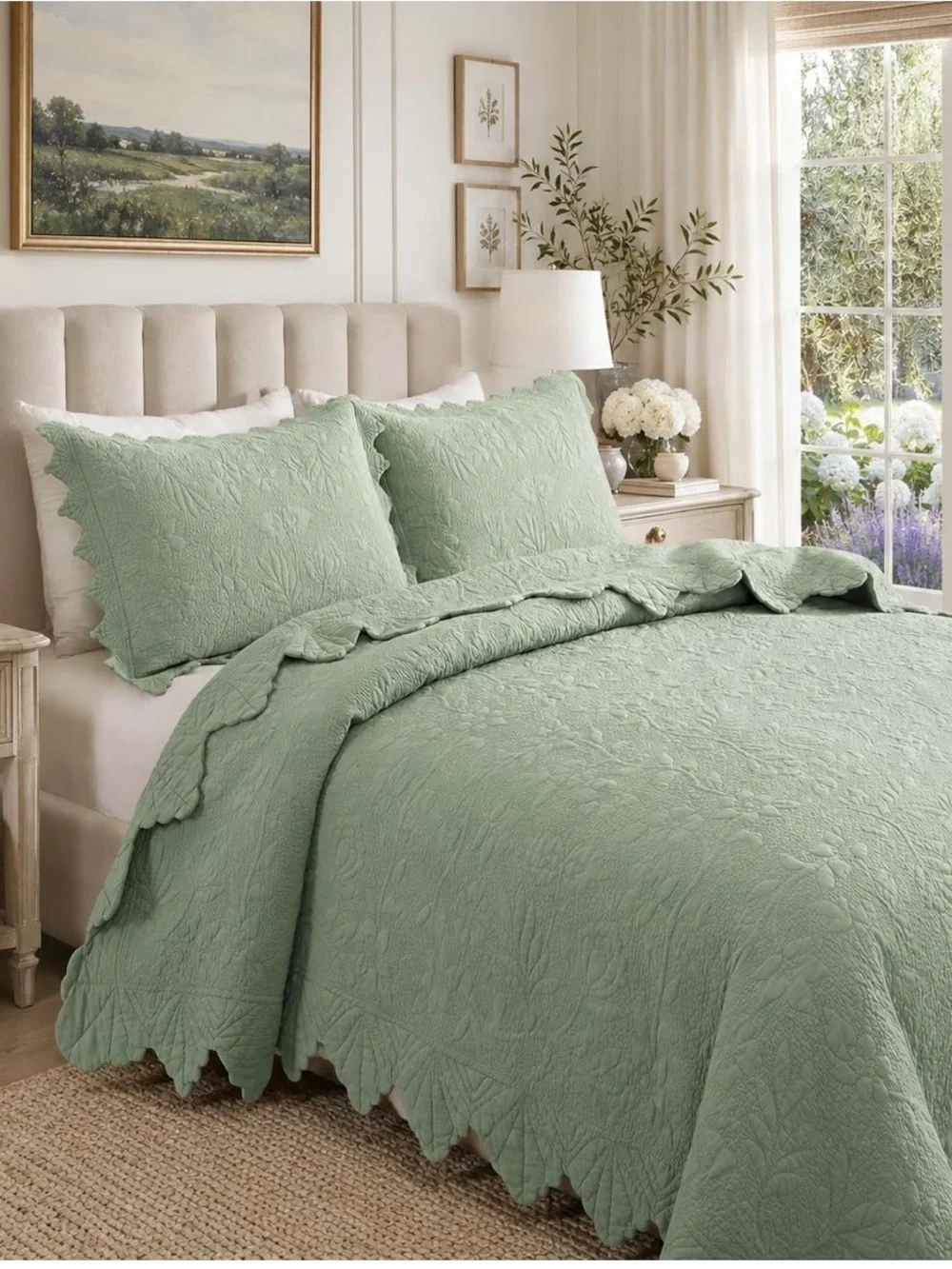 Sage Green king 3 piece Quilted Bedspread Set - Elegant Scalloped Edge
